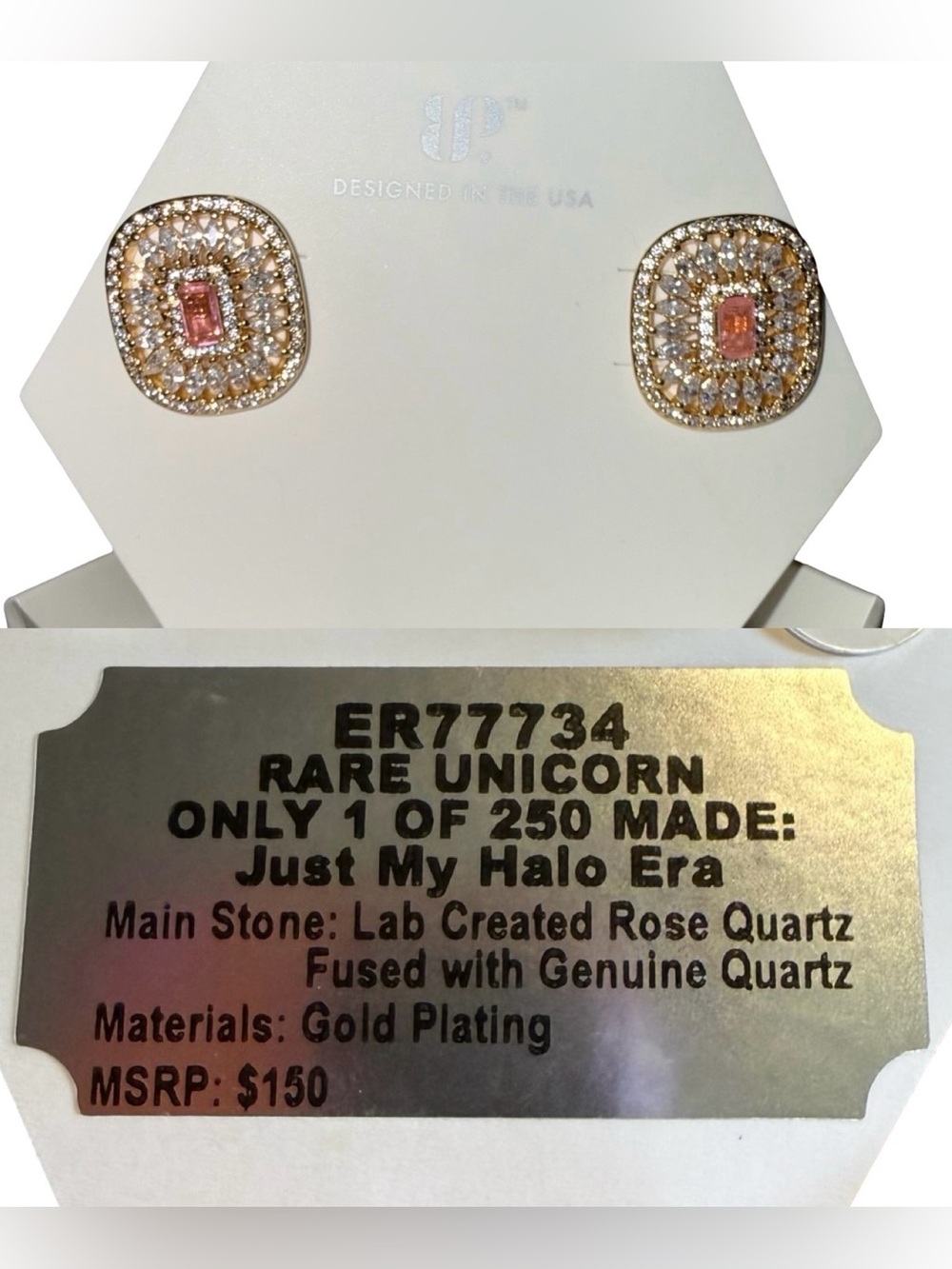 BP OG Earnings ER77734 RARE UNICORN!!! Rose Quartz Gold Plating Halo Studs